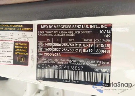 2015 Mercedes-Benz Ml 350 4Matic z USA, uszkodzony, nr VIN 4JGDA5HB9FA496867